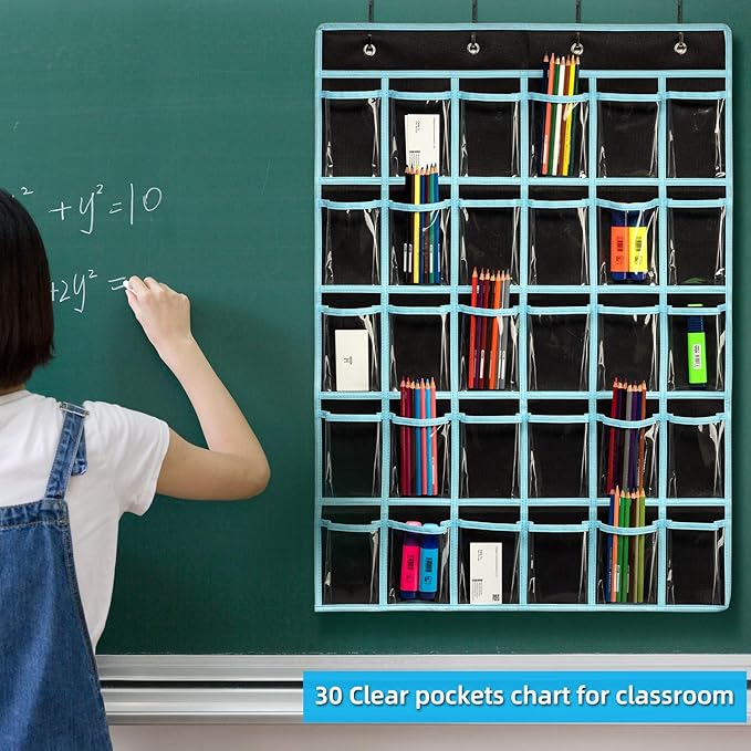 KEEPJOY Classroom Pocket Chart Organizer,Cell Phones Calculator Holder for Classroom with 30 Clear Pockets and Number Sticker Size 33.5x 24.5 Inch (2pack-black)-NeatNest