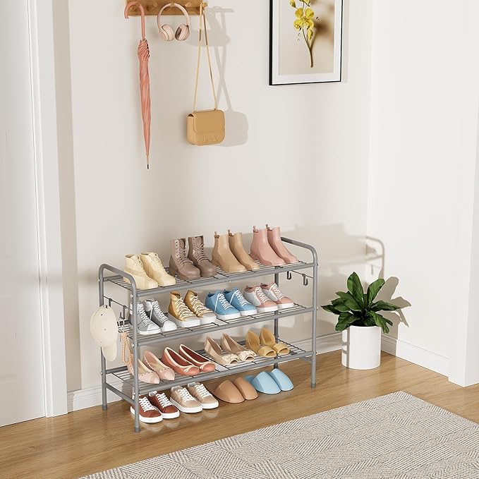 3 Tier Shoe Rack 33" Wide Metal Shoe Organizer Long Shoe Storage with 4 Side Hooks Sturdy Shoes Shelf for Front Door Entrance, Closet, Garage, Dorm, Grey-NeatNest