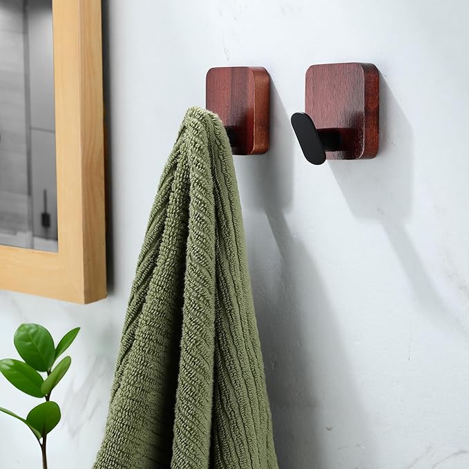 DELITON Acacia Wooden Towel Hooks Red Brown, 4 Pack Sticky Hooks for Hanging Towels, Coat, Hat, Robe, Heavy Duty, No Damage-NeatNest
