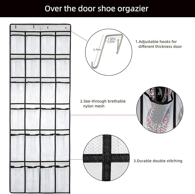 Hanging Shoe Organizer, Over The Door Shoe Organizer with 24 Mesh Large Pockets Door Shoe Rack for Men Women Kids Hanging Door Shoe Holder Size:58x21 Inch (White-2pack)-NeatNest