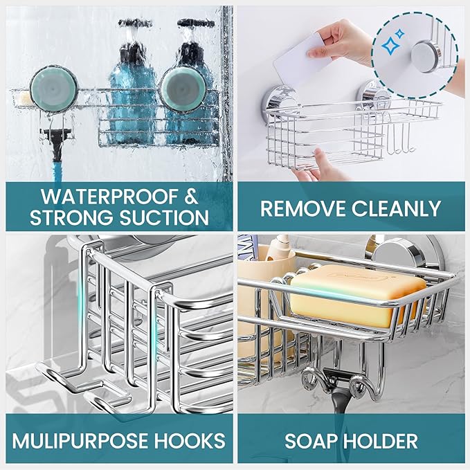 TAILI Shower Caddy Suction Cup 2 Pack with Hooks and Soap Holder, Heavy Duty Shower Organizer for Bathroom, No Drilling Silver bathroom suction shelves