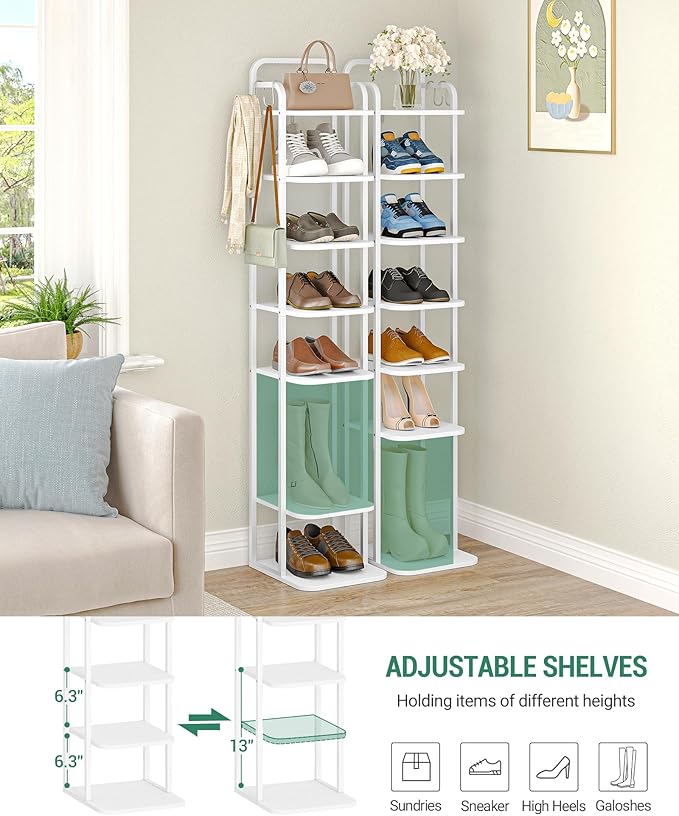 8 Tiers Vertical Shoe Rack, Narrow Shoe Tower, Tall Shoes Shelf with 2 Hooks, Adjustable Shelves, Corner Shoes Shelves for Small Spaces, Entryway, Living Room, White SR04313W-NeatNest