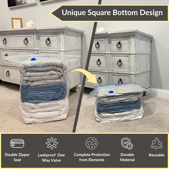 5 Jumbo Cube Vacuum Storage Bags, Supersized Square Bottom Design Compression Space Saver Bags for Comforters, Blankets, Duvets and Clothes, Durable Seal, Puncture Resistant, Hand Pump Included-NeatNest