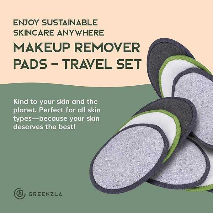 Greenzla Reusable Makeup Remover Pads Travel Set - 12 Pack Microfiber Cotton Pads, Dark Charcoal Cotton Rounds, and Bamboo Terry Face Wipes for All Skin Types with Mesh Laundry Bag and Travel Pouch-NeatNest