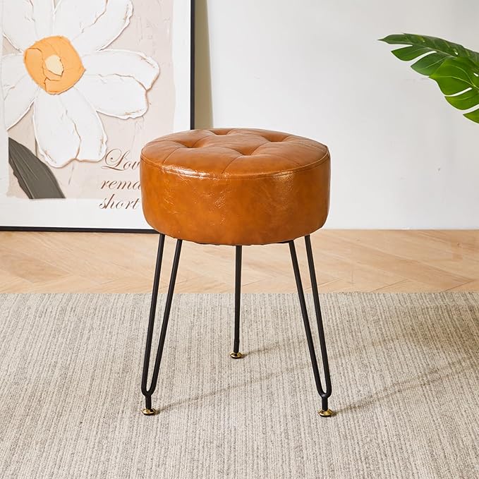 IBUYKE Faux Leather Round Footrest, Makeup Vanity Stool Side Table, PU Dressing Table Seat, Pouf Couch Stool, Golden Steel Legs, Light Brown LG-31J