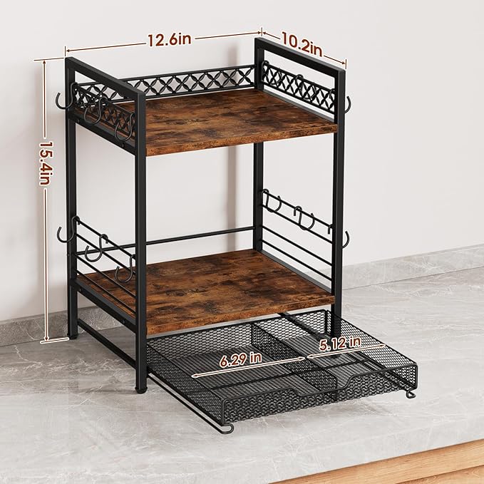 Coffee Bar Organizer Countertop, 3 Tier Mug Cup Holder Stand with 12 Hooks, 25 K Cup Coffee Pod Drawer with Mug Rack, Multifunctional Shelf for Accessories Kitchen (Black)-NeatNest