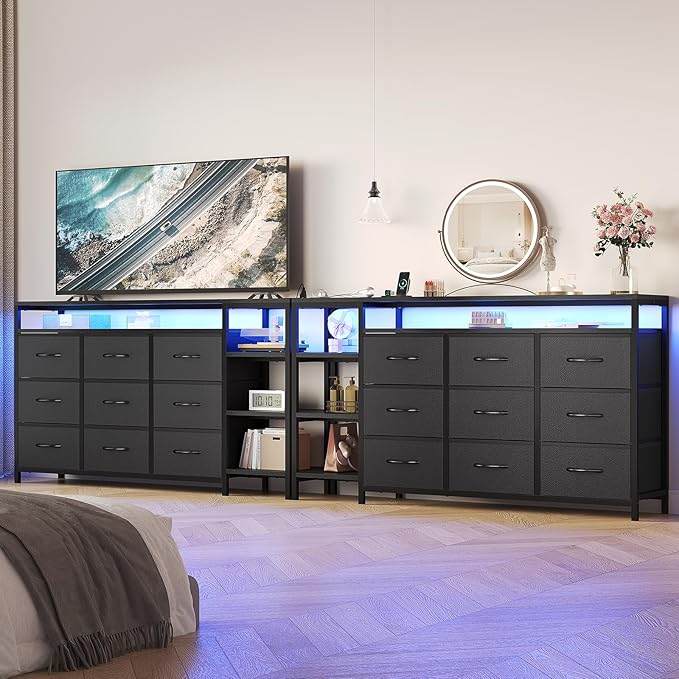 60 inch TV Stand Dresser for Bedroom with LED Lights & Charging Station, 9 Fabric Drawers, Entertainment Center with Drawers & Open Shelves for Living Room, Bedroom, Black-NeatNest