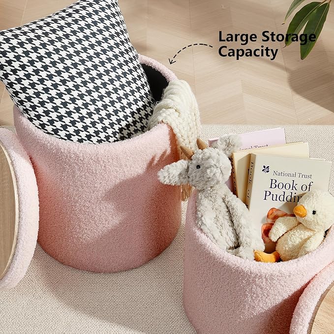 Boucle Round Ottoman with Storage Set of 2,Small Foot Stool Ottoman for Living Room, Small Coffee Table,Vanity Stool with Storage for Bedroom, Pink-NeatNest