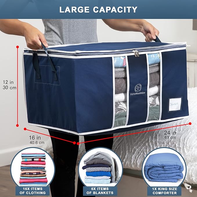 Clothes Storage Bag Organizer for, Blankets, Clothing, Comforters and Bedding Sets - Stackable with Zippers - Clear Window - 3 Pack Blue-NeatNest