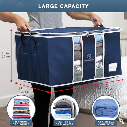 Clothes Storage Bag Organizer for, Blankets, Clothing, Comforters and Bedding Sets - Stackable with Zippers - Clear Window - 3 Pack Blue-NeatNest