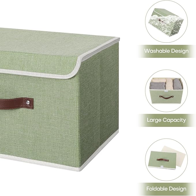 ANMINY 2PCS Storage Bins with Lid PU Leather Handles Storage Boxes PP Plastic Board Decorative Foldable Lidded Cotton Linen Fabric Home Cubes Baskets Closet Organizer Containers - Green, Large Size-NeatNest
