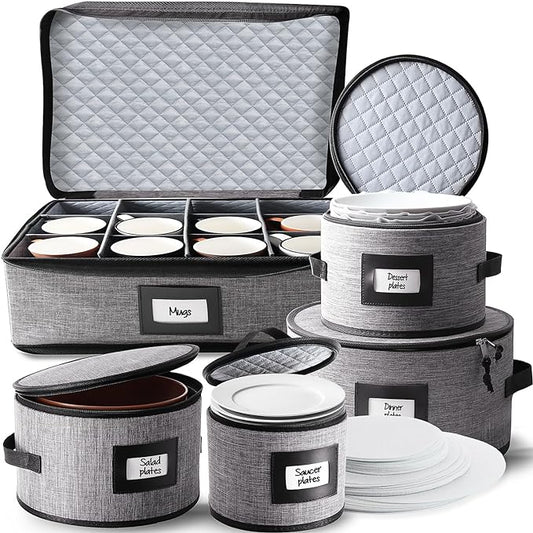 Fine China Storage Containers, 5 Piece Quilted Dish Storage Containers, Mug, Cup, and Plate Dish Organizer with Felt Dividers, Service of 12 Dinnerware Boxes for Moving, Seasonal Organization, Grey-NeatNest
