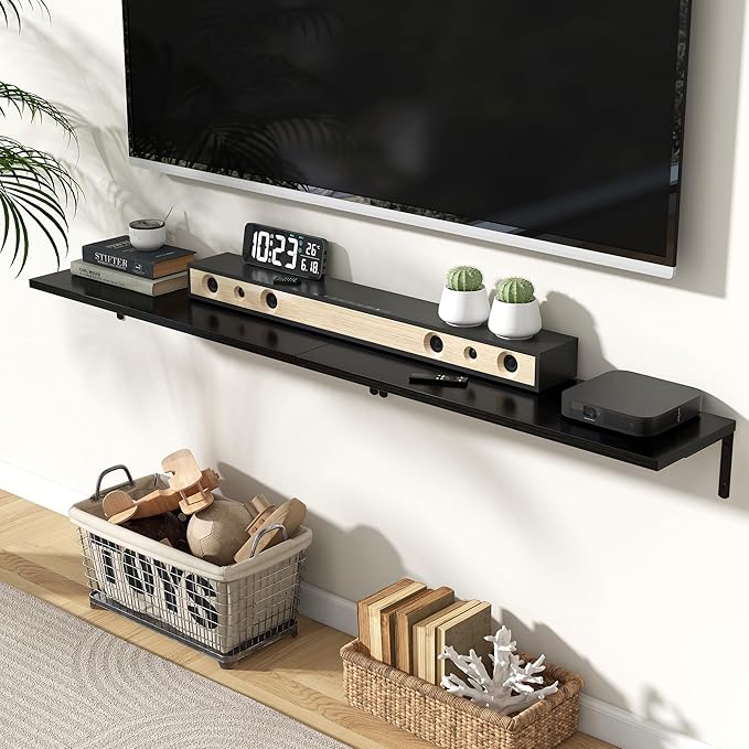 Fun Memories Deep Floating Shelves, 32W x 8D Floating Shelves Set of 2, Wall Mounted Shelf with Metal Brackets, Rustic Wood Wall Shelf for Bathroom, Kitchen and Living Room, Black-NeatNest