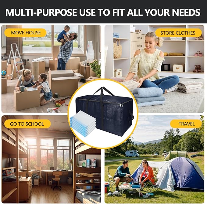 Extra Large Storage Bags Set Heavy Duty Moving Totes with Handles, Dorm Room Essentials-Way Carrying Design Dorm Room Essentials For Clothes Storage (Dark Blue, 14 Park- 4 & 10 Vacuum Bags)