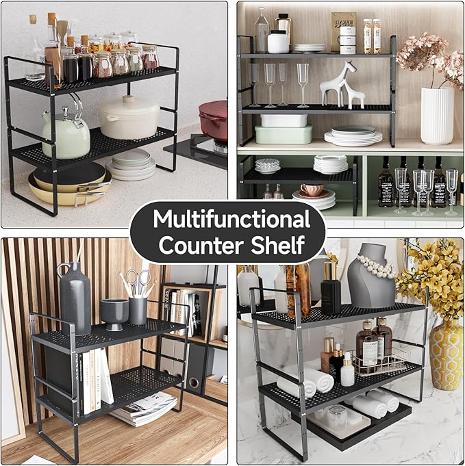 2Pack Expandable Cabinet Countertop Shelves 16.5-27’’L, Adjustable Metal Spice Rack Organizer, Stackable Kitchen Counter Storage Shelves Organizers for Cabinet Organization, Black-NeatNest