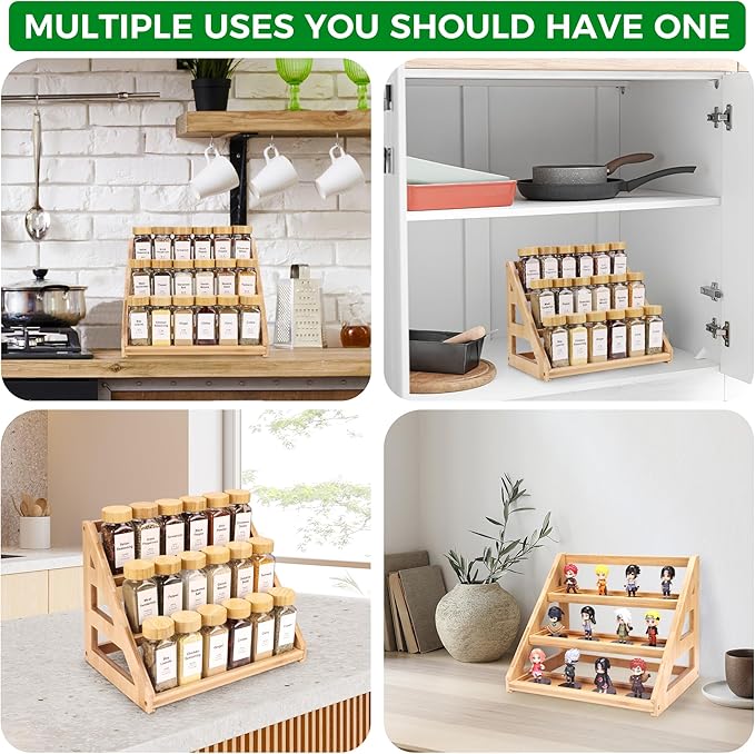 3-Tier Natural Bamboo Spice Rack Organizer - for Kitchen Cabinets, Countertops & Pantries - Space-Saving Tiered Shelf Seasoning rack-NeatNest