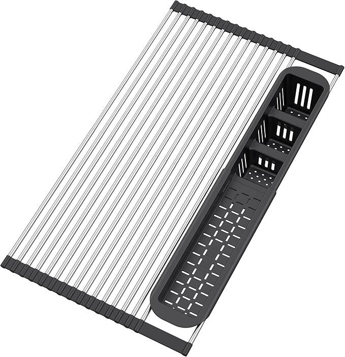 BBXTYLY Expandable Roll Up Dish Drying Rack,Over The Sink Drying Rack Sink Kitchen Accessories Rolling up Stainless Steel Drainer, Foldable with Removable Utensil Holder(Black Expandable Width Size)