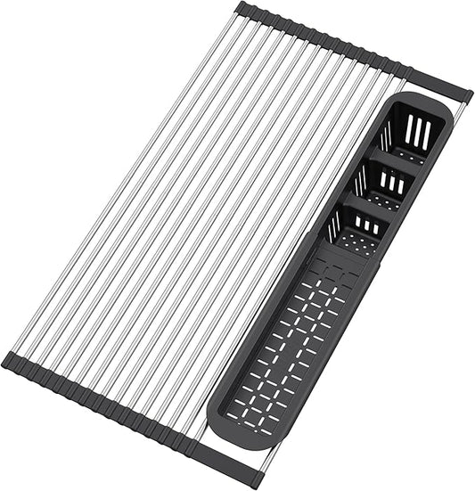 BBXTYLY Expandable Roll Up Dish Drying Rack,Over The Sink Drying Rack Sink Kitchen Accessories Rolling up Stainless Steel Drainer, Foldable with Removable Utensil Holder(Black Expandable Width Size)