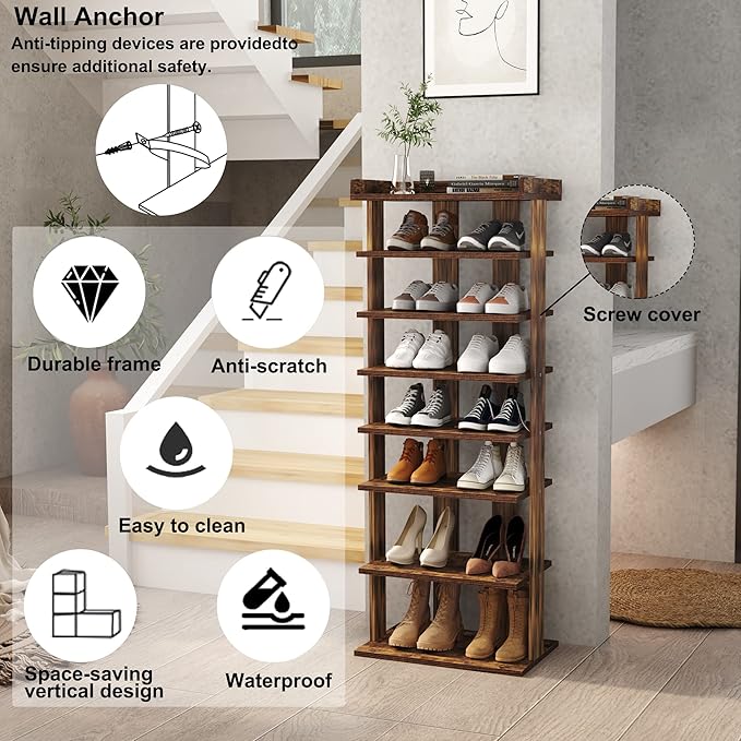 HOMEFORT 7-Tier Wood Shoe Rack, Double Rows Shoe Shelf, Shoe Storage Stand, Entryway Shoe Tower, Vertical Shoe Organizer for Narrow Closet, Entryway, Hallway, Rustic Brown-NeatNest