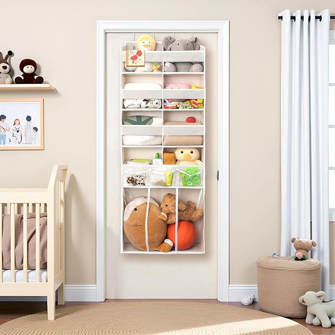 Extra Large Over The Door Organizer with Clear Pockets - 8 Compartments & XL Bottom Storage, Heavy-Duty Hanging Organizer for Bathroom, Bedroom, Closet (57 Inch Height). (Beige)