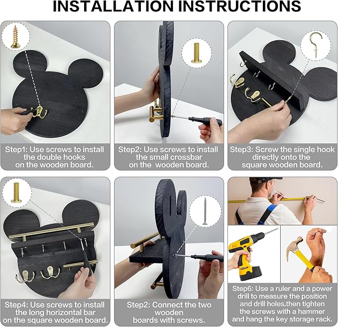 AIRPOP Disn Key Holder for Wall–Mouse Wooden Mail Organizer Wall Mount with Shelf and 6 Hooks, Easy Installation Key Rack Hanger for Entryway Living Room Home Decor (Black)