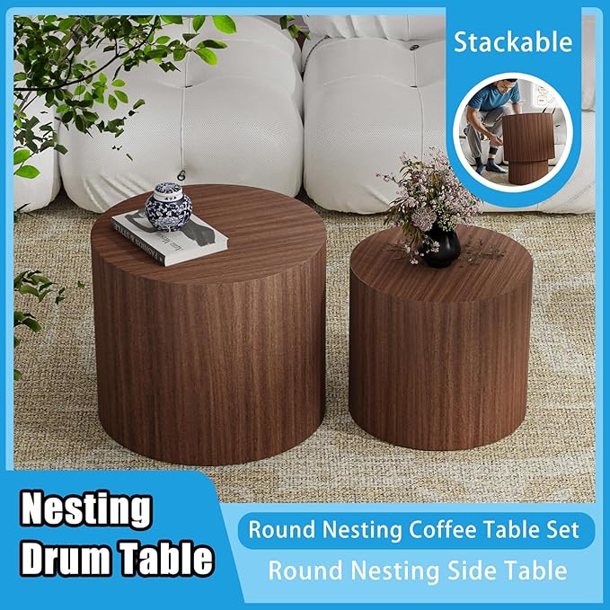 Nesting Coffee Table Set of 2, Modern Round Coffee Table with Non-Slip Feet, Wooden Circle Accent Tables for Small Spaces Living Room Bedroom Balcony Office Drum Side Table (C Walnut)