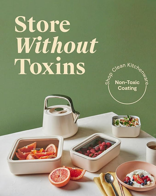 Caraway Glass Food Storage, 10 Cup Glass Container,Ceramic Coated Food Container,Easy to Store, Non Toxic, Non Stick Lunch Box Container with Glass Lids. Dishwasher, Oven,Square Shape,Navy-NeatNest