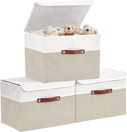 DECOMOMO Fabric Storage Bins with Lid, Storage Baskets for Shelves Toy Box (Beige and White, 3 Pack)-NeatNest