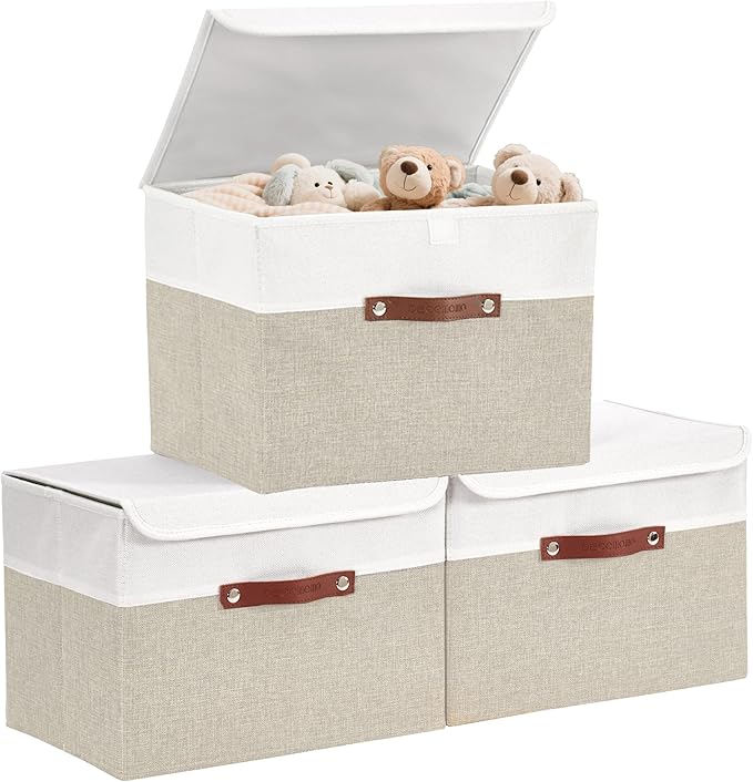 DECOMOMO Fabric Storage Bins with Lid, Storage Baskets for Shelves Toy Box (Beige and White, 3 Pack)-NeatNest