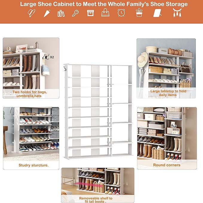 HOMEFORT 10 Tiers Shoe Rack, 50 Pairs Large Shoe Shelf, 61.8" Tall Shoe Tower, Freestanding Shoe Rack Organizer with Open Shelves, Wood Shoe Stand for Boot Storage, for Closet, Entryway, White-NeatNest