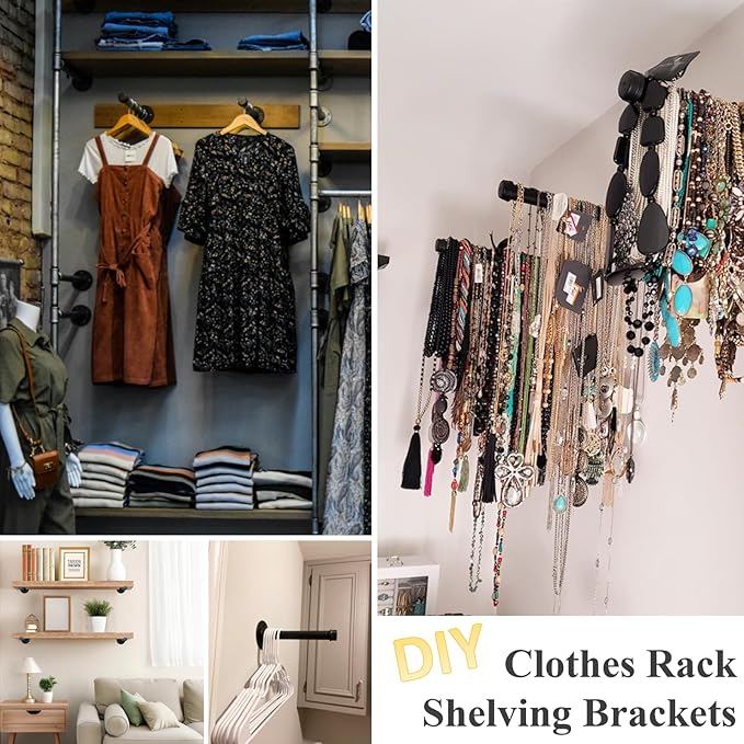 Cast Iron Wall Mounted Clothes Rack, Heavy Duty Industrial Pipe Clothing Rack for Hanging Clothes, Garment Racks for Wardrobe Organizers and Storage, DIY Closet Rods Closet Bar (Black 4 Pack, 8 in)-NeatNest