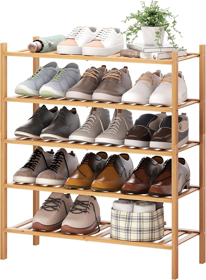 BMOSU 5-Tier Bamboo Shoe Rack Premium Stackable Shoe Shelf Storage Organizer for Hallway Closet Living Room Entryway Organizer (Natural Bamboo)-NeatNest