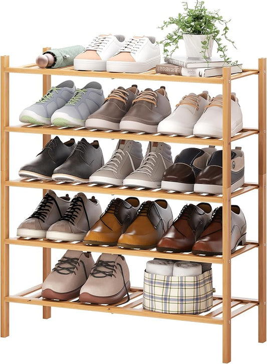 BMOSU 5-Tier Bamboo Shoe Rack Premium Stackable Shoe Shelf Storage Organizer for Hallway Closet Living Room Entryway Organizer (Natural Bamboo)-NeatNest