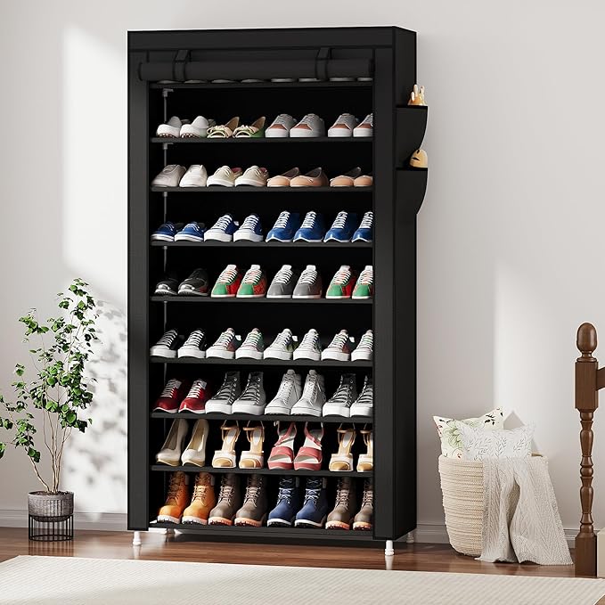 Laiensia 9-Tier Vertical Shoe Rack Organizer, Space Saving Shoe Storage Organizer, Non-Woven Cover Shoe Shelf Holds 36-45 Pairs for Bedroom, Hallway, Closet Entryway, Black-NeatNest