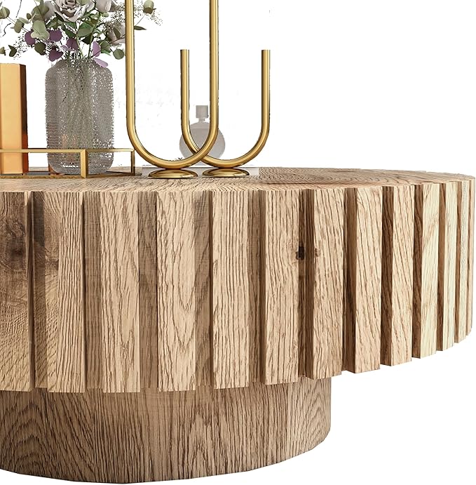 kevinplus 31.4'' Round Circle Coffee Table Modern Wood Coffee Table for Living Room, Contemporary Minimalist Fluted Drum Pedestal Style, Easy Assembly, Wood
