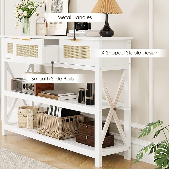 Console Table with 3 Rattan Drawers, Wooden Entryway Table with 3-Tier Storage Shelves, Display Shelf for Entryway, Hallway, Foyer and Living Room, White-NeatNest