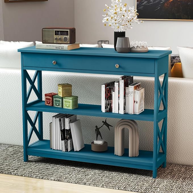 GOFLAME 39" Console Sofa Table with Drawers, 3-Tier Narrow Entry Table with Storage Shelves for Living Room Behind Couch, Entryway (Navy Blue)-NeatNest
