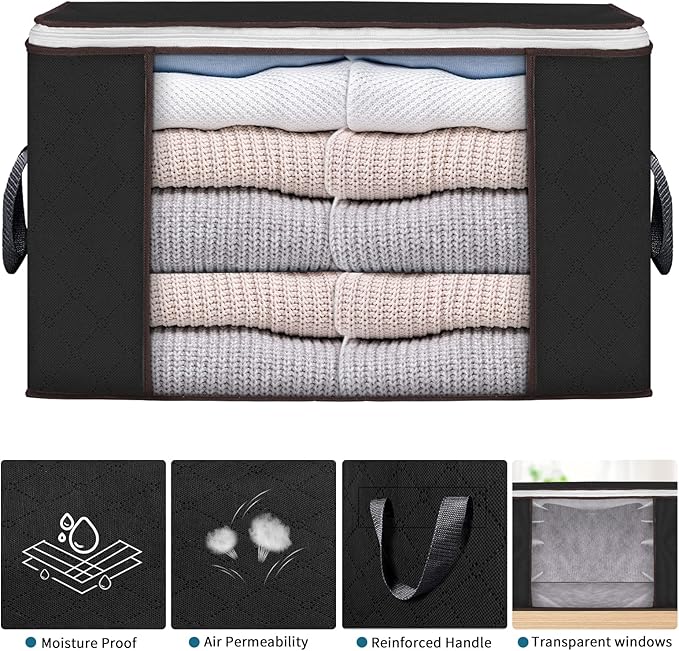 Large Storage Bags, 8 Pack Clothes Storage Bins Foldable Closet Organizers Storage Containers with Durable Handles Thick Fabric for Blanket Comforter Clothing Bedding 90 L (Black)-NeatNest