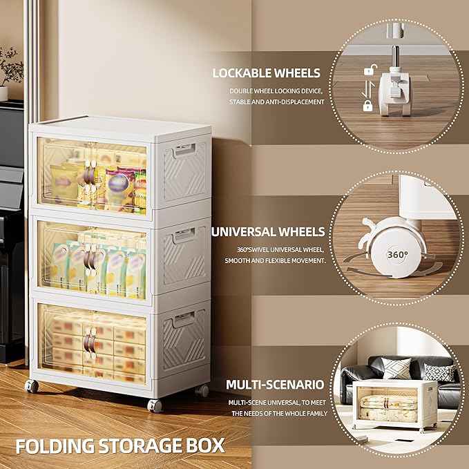 252 QT / 63 Gal Magnetic Door Storage Bins Collapsible Stackable w/1 Lid, Heavy Duty Plastic Cabinet with Wheels for Home Office Organization (White)-NeatNest
