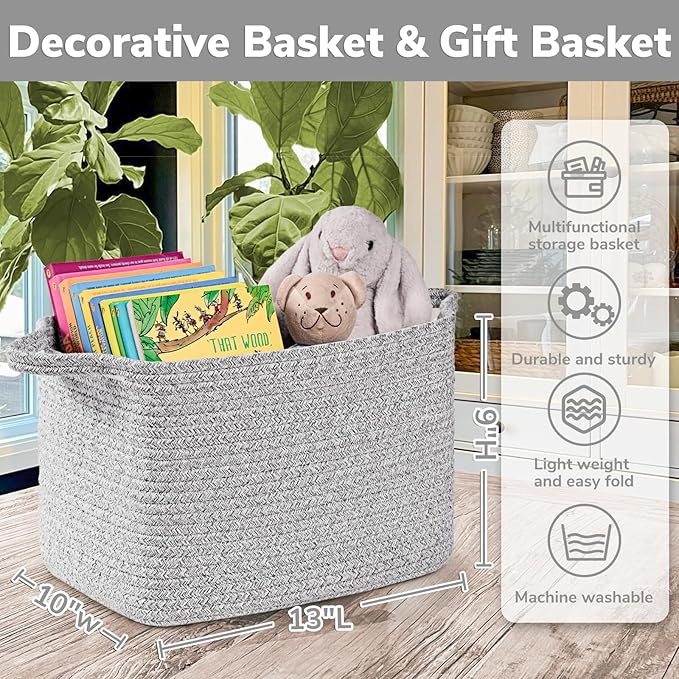 INDRESSME Woven Storage Basket, Multi-Use Organizer for Bathroom, Storage Bin for Baby Nursery & Laundry, Rope Basket for Toys & Diapers, Grey, 13 x 10 x 9 Inches