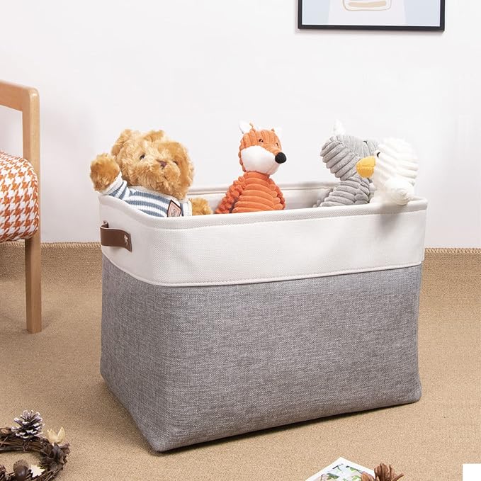 DULLEMELO Storage Baskets Large 16"x12"x12" Tall Rectangular Baskets Fabric Storage Bins for Organizing [1 Pack] Collapsible Linen Shelf Baskets for Clothes, Toys, Closet, Laundry (White&Grey)-NeatNest
