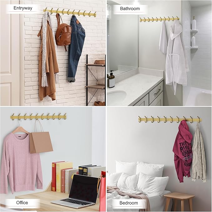 Brushed Gold Wall Mounted Coat Rack – 30 Inch Stainless Steel Rail with 10 Double Coat Hooks for Entryway, Bathroom, Bedroom, Kitchen – Modern Gold Hook Rack for Coats, Hats, Towels-NeatNest