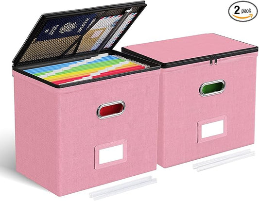 Oterri File Organizer Boxes with Lids, File Box with Mesh Pockets, Document Organizer Box for Letter Size Folders, Zippers Important Document Organizer (Pink, Small-2 Pack Without Folders)
