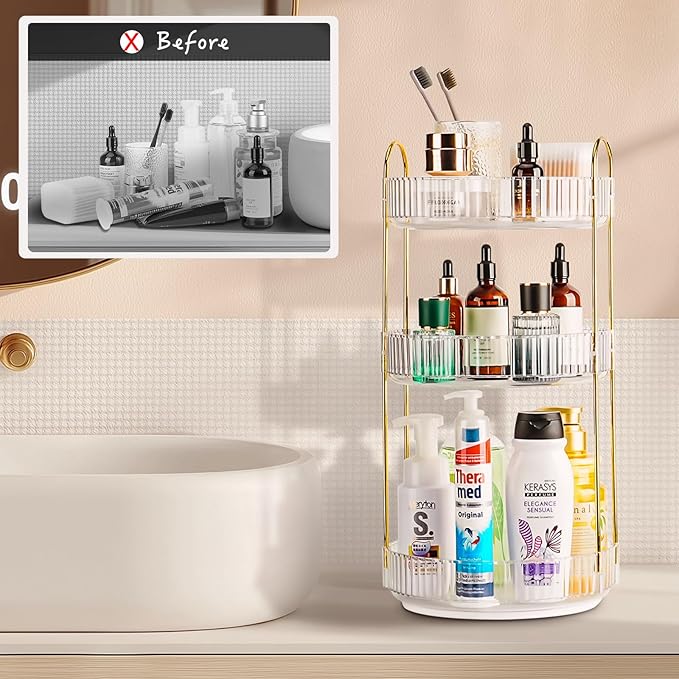 360 Rotating Makeup Organizer for Vanity, Large Capacity Spinning Perfume Organizer, Bathroom Organizer, Cosmetic Skincare Holder Organizer for Countertop (Pearl White, 3 Tier)-NeatNest