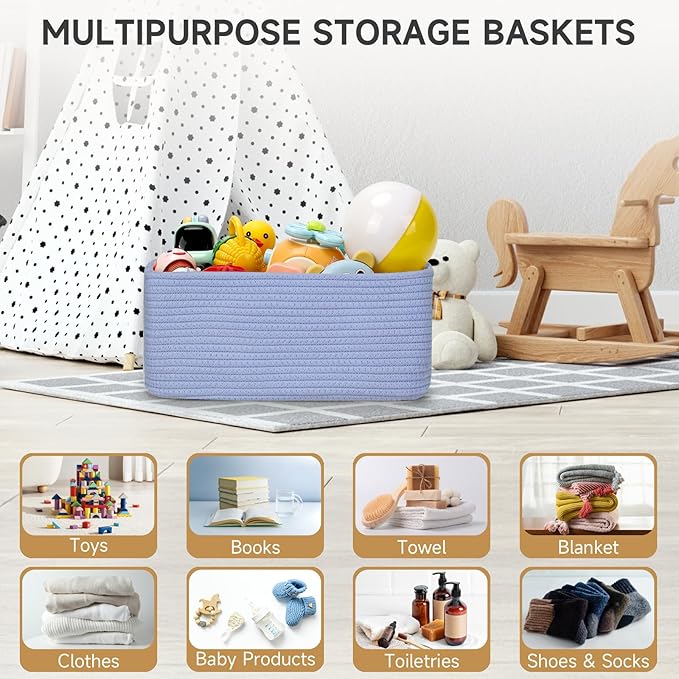 3-Pack Storage Baskets for Organizing | Woven Shelf Toy Basket | Rope Baskets for Gifts Empty | Closet Organizer Bins with Handles | Cube Decorative Box | 13.7×7.1×6.7” | Sky Blue-NeatNest