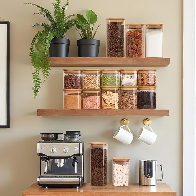 ComSaf Glass Storage Containers with Lids, 1.2 Qt Glass Jars with Lids, Clear Food Storage Jar, Canister For Pantry Cookie Flour Cereal Rice Sugar Tea Coffee Beans Spice, Square Set of 4-NeatNest