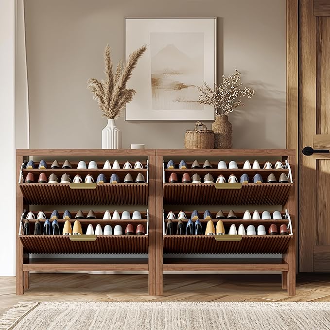 Modern 2-Tier Flip Drawer Shoe Cabinet, Freestanding Hidden Slim Narrow Shoe Rack Cabinet, Wooden Large Capacity Shoe Storage Cabinet Shoe Organizer, for Entryway, Hallway, Walnut X2-NeatNest