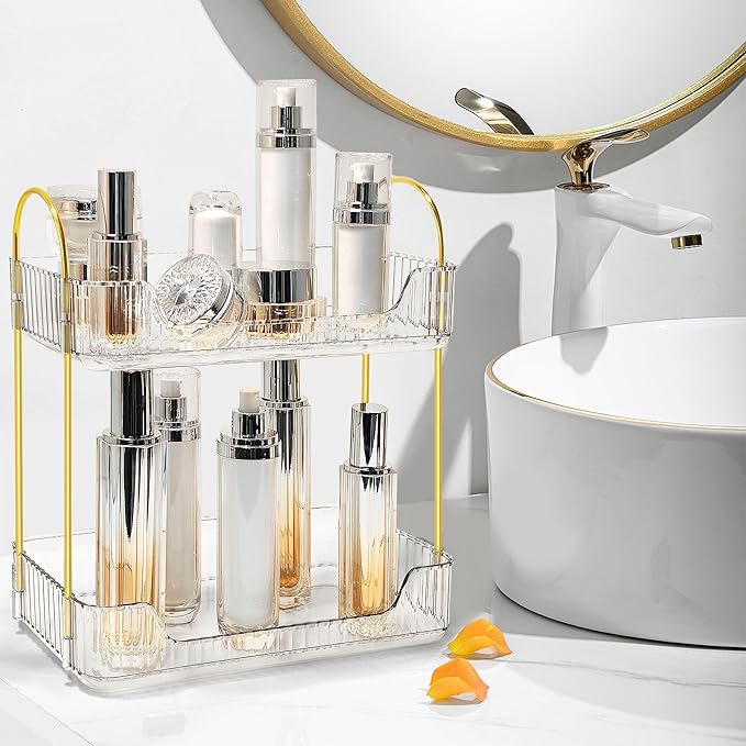Bathroom Counter Organizer Countertop Storage Skincare Countertop Makeup Organizer Cosmetics Skincare Organizers Holder for Perfume-Clear-golden pole-NeatNest