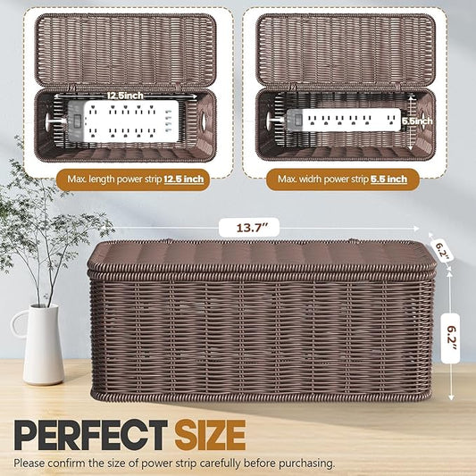 Cable Management Box,2 Open Slots Cord Organizer Hider Box with Lid,2 Pack Handwoven Imitation Rattan Cable Organizer Box for TV Wire Computer Router & Power Strip-A Style(Dark Brown)-NeatNest