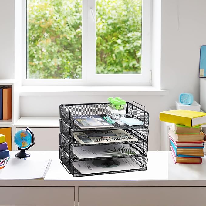 EASEPRES 4 Pack Stackable Desk Paper Tray, Metal Mesh Desktop Document Letter File Organizer for Office Home School, 13.5'' L x 9.75'' W x 11'' H, Black